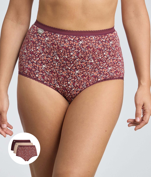 Playtex® Set di 3 slip a vita alta viola, beige, stampa floreale Cotone Stretch