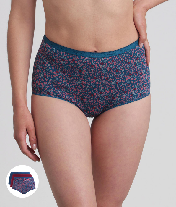 Playtex® Pacco di 3 slip vita alta rosso carminio, fantasia verde e verde pino Cotone Bio