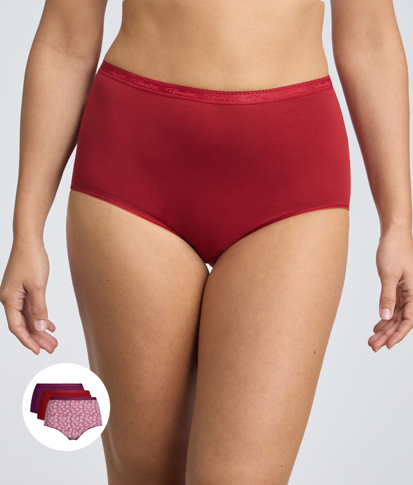 Playtex® Set di 3 slip a vita alta rosso, viola e stampa floreale Cotone Bio